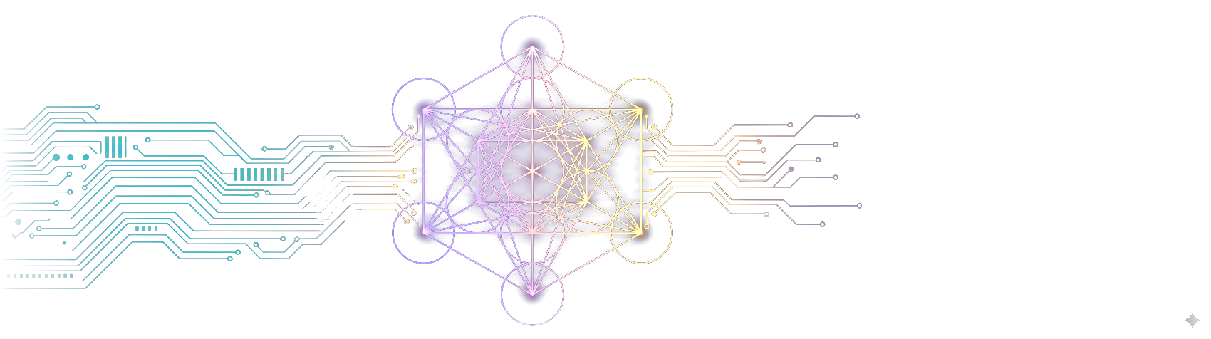 Teal circuitry flowing into a glowing Metatron shield and emerging as gold circuitry